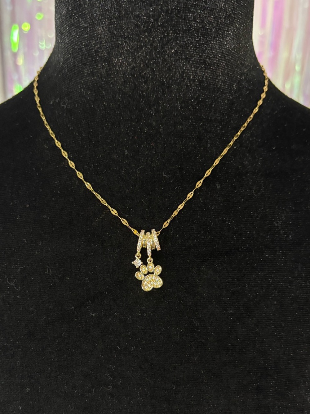 Gold Paw Print Rhinestone Pendant Necklace Stainless Steel Adjustable
